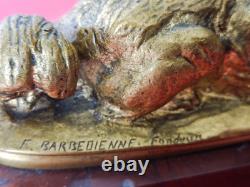 Fondeur Barbedienne Chien Loulou Bronze Doré Signé E. FREMIET 1824/1910Sur Marbre