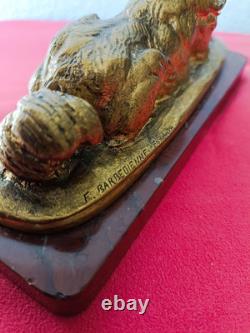 Fondeur Barbedienne Chien Loulou Bronze Doré Signé E. FREMIET 1824/1910Sur Marbre
