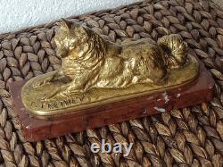 Fondeur Barbedienne Chien Loulou Bronze Doré Signé E. FREMIET 1824/1910Sur Marbre