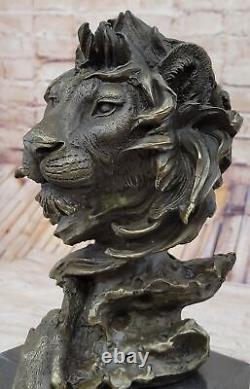 Fonte Signée Bronze Royal Lion Statue Sculpture Buste Marbre Base Figurine Art