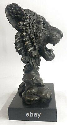 Fonte Signée Milo Bronze Royal Lion Tête Statue Sculpture Buste Marbre Base