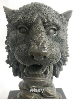 Fonte Signée Milo Bronze Royal Lion Tête Statue Sculpture Buste Marbre Base