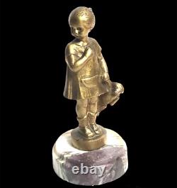Frecourt Statue Bronze Art Deco Fillette À L'ours En Peluche Sur Marbre