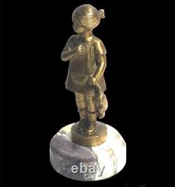 Frecourt Statue Bronze Art Deco Fillette À L'ours En Peluche Sur Marbre
