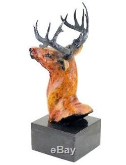 Grand Cerf Buste Figure en Bronze sur Marbre Signé Bonheur