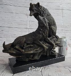 Grand Signée Fratin Deux Loups Loup Bronze Sculpture Marbre Base Figurine Art