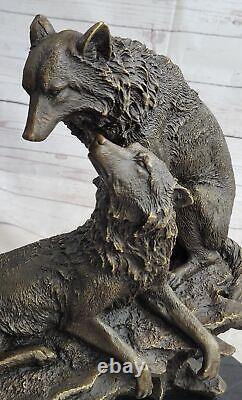 Grand Signée Fratin Deux Loups Loup Bronze Sculpture Marbre Base Figurine Art