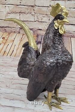 Grand Signée Moigniez Ferme Grange Coq Oiseau Bronze Marbre Sculpture Figurine