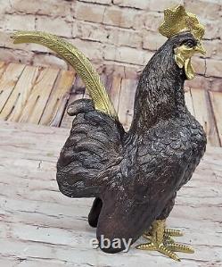 Grand Signée Moigniez Ferme Grange Coq Oiseau Bronze Marbre Sculpture Figurine