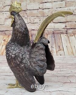 Grand Signée Moigniez Ferme Grange Coq Oiseau Bronze Marbre Sculpture Figurine