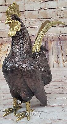 Grand Signée Moigniez Ferme Grange Coq Oiseau Bronze Marbre Sculpture Statue