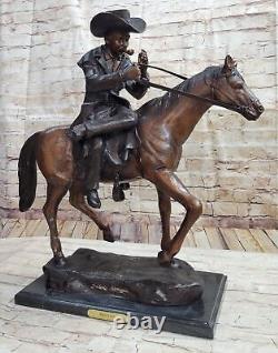 Grand Signée Vintage Frederic Remington Bronze Marbre Statue Souffle Ouvre