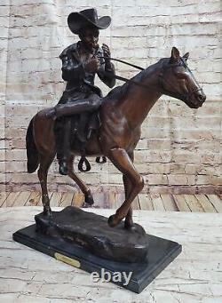 Grand Signée Vintage Frederic Remington Bronze Marbre Statue Souffle Ouvre