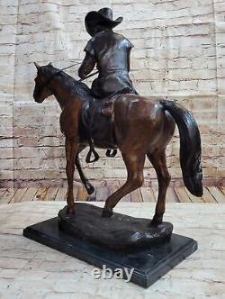 Grand Signée Vintage Frederic Remington Bronze Marbre Statue Souffle Ouvre