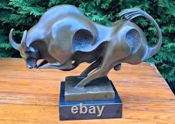 Grand Taureau De Combat Bronze Moderniste Socle Marbre Signé Milo Tauromachie