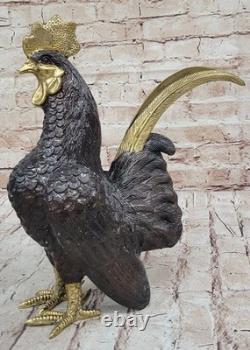 Grande Sculpture En Bronze De Coq De Ferme Moigniez Signée Sur Socle En Marbre
