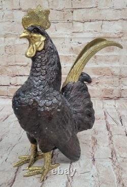 Grande Sculpture En Bronze De Coq De Ferme Moigniez Signée Sur Socle En Marbre