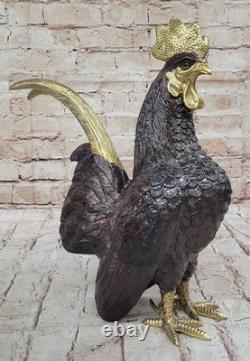 Grande Sculpture En Bronze De Coq De Ferme Moigniez Signée Sur Socle En Marbre