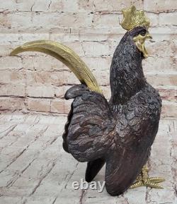 Grande Sculpture En Bronze De Coq De Ferme Moigniez Signée Sur Socle En Marbre