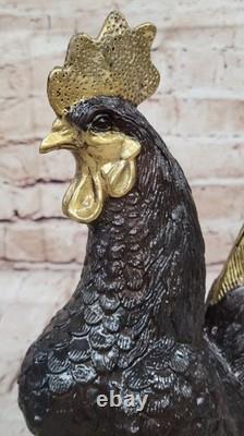 Grande Sculpture En Bronze De Coq De Ferme Moigniez Signée Sur Socle En Marbre