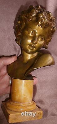 H MOREAU d'après BOURGUEREAU bronze doré sur colonne marbre Buste Apollon enfant