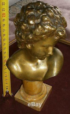 H MOREAU d'après BOURGUEREAU bronze doré sur colonne marbre Buste Apollon enfant