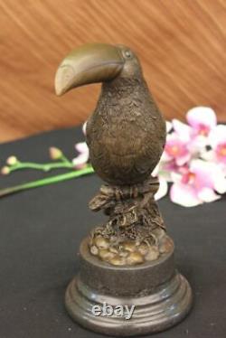 Joli Signé Oiseau Véritable Pure Statue Bronze Sur Marbre Sculpture Figurine