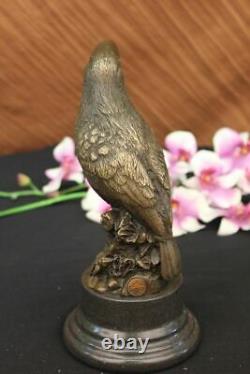 Joli Signé Oiseau Véritable Pure Statue Bronze Sur Marbre Sculpture Figurine