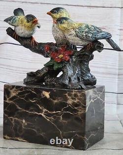 Joli Signée Fonte Pure Bronze Cardinal Oiseau Finch Statue Sur Marbre Base