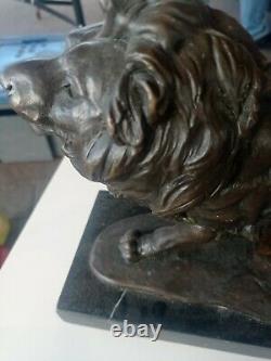 LION En Bronze Sur socle Marbre Signé MILO. 40 X 24 cm PROMO De NOËL