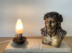 Lampe Art Deco Christ Bronze Signé L. Artaud Opaline Et Marbre Vintage