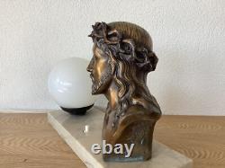 Lampe Art Deco Christ Bronze Signé L. Artaud Opaline Et Marbre Vintage