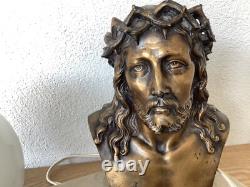 Lampe Art Deco Christ Bronze Signé L. Artaud Opaline Et Marbre Vintage