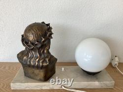 Lampe Art Deco Christ Bronze Signé L. Artaud Opaline Et Marbre Vintage