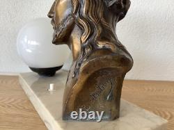 Lampe Art Deco Christ Bronze Signé L. Artaud Opaline Et Marbre Vintage