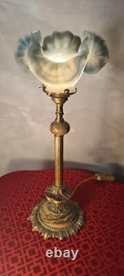 Lampe bronze et marbre tulipe verre bleu gris signé vianne 40x17 bon etat