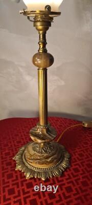 Lampe bronze et marbre tulipe verre bleu gris signé vianne 40x17 bon etat