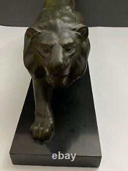Lion Marchant Art Deco Bronze Sinature E Guy 1930 Marbre Noir M931