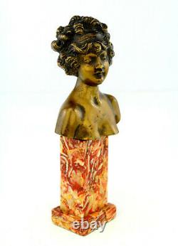 Louis Chalon Ancien Bronze Doré Patine Marbre Sculpture Buste Femme 1900 Signé