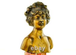 Louis Chalon Ancien Bronze Doré Patine Marbre Sculpture Buste Femme 1900 Signé
