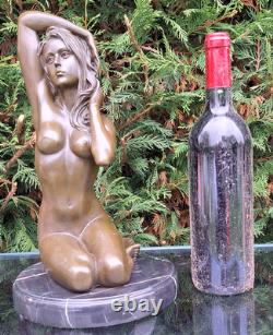 Magnifique Femme Agenouillée Bronze Socle Marbre Signé Manollo Belle Chevelure