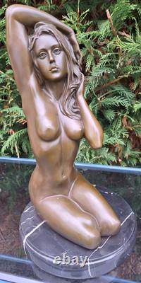 Magnifique Femme Agenouillée Bronze Socle Marbre Signé Manollo Belle Chevelure
