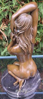 Magnifique Femme Agenouillée Bronze Socle Marbre Signé Manollo Belle Chevelure