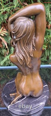 Magnifique Femme Agenouillée Bronze Socle Marbre Signé Manollo Belle Chevelure