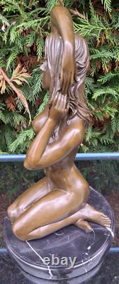 Magnifique Femme Agenouillée Bronze Socle Marbre Signé Manollo Belle Chevelure