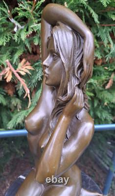 Magnifique Femme Agenouillée Bronze Socle Marbre Signé Manollo Belle Chevelure