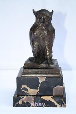 Magnifique Hibou En Bronze Allemand Art Deco Sur Base Marbre Signé Hertz