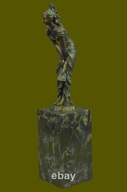 Maiden Bronze Sculpture Signé Véritable Très Détaillé Marbre Base Statue