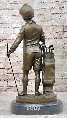 Main Fabriqué Caddy Garçon Golfeur Figurine Bronze Sur Marbre Base Signée Ouvre