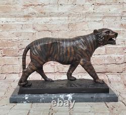 Marbre Base Bronze Tigre Sculpture Statue Figurine Signée Faune de Collection